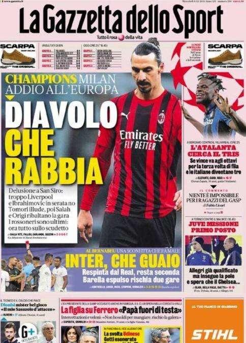 La Gazzetta dello Sport in prima pagina: "Inter, che guaio: col Real una sconfitta che fa male"