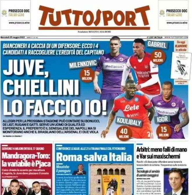 Tuttosport in apertura: "Vertice Inter: ciao Bastoni, Bremer e Dybala in arrivo"