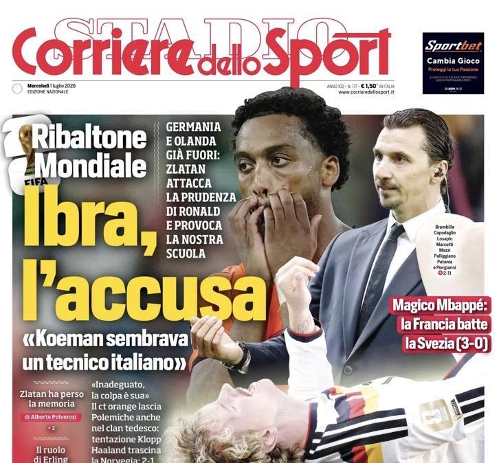 "Khalaili sorpasso Inter! Roma, Gasp esulta. Ibra, l'accusa", la prima pagina del Corriere dello Sport
