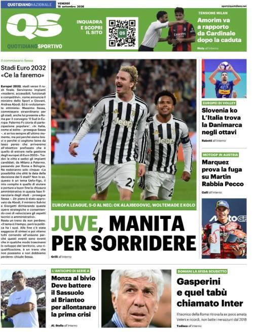 "Juve, manita che fa sorridere! Gasp e quel tabù chiamato Inter", la prima pagina del QS