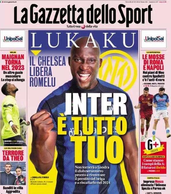 La Gazzetta dello Sport in apertura: "Lukaku, Inter è tutto tuo"