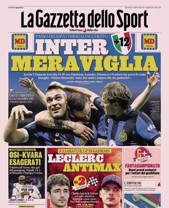 Inter quota 100, passo decisivo per lo Scudetto: le prime pagine del 29 febbraio