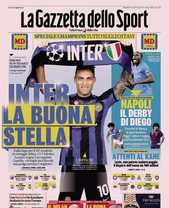 L'apertura della Gazzetta: "Inter, la buona stella". Per i nerazzurri "un sorteggio felice"
