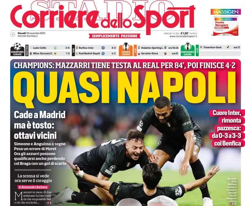 Il Corriere dello Sport in apertura: "Cuore Inter, rimonta pazzesca contro il Benfica"