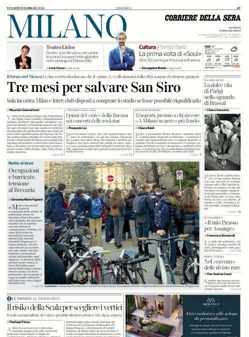 "Tre mesi per salvare San Siro": l'apertura del Corriere di Milano per Inter e Milan