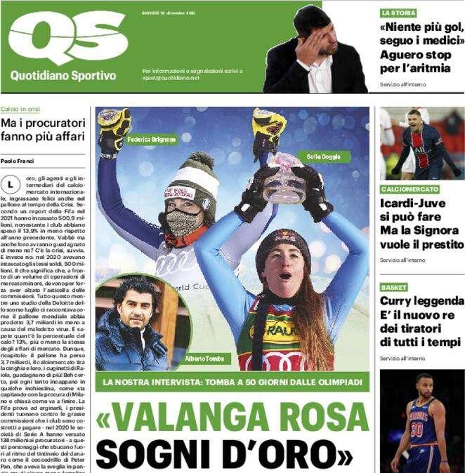 La prima pagina del QS: "Inter, Sanchez ancora titolare a Salerno"