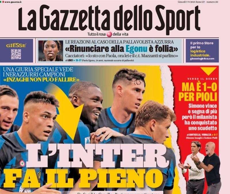 La Gazzetta dello Sport in apertura: "Inter, sei la favorita per lo scudetto"