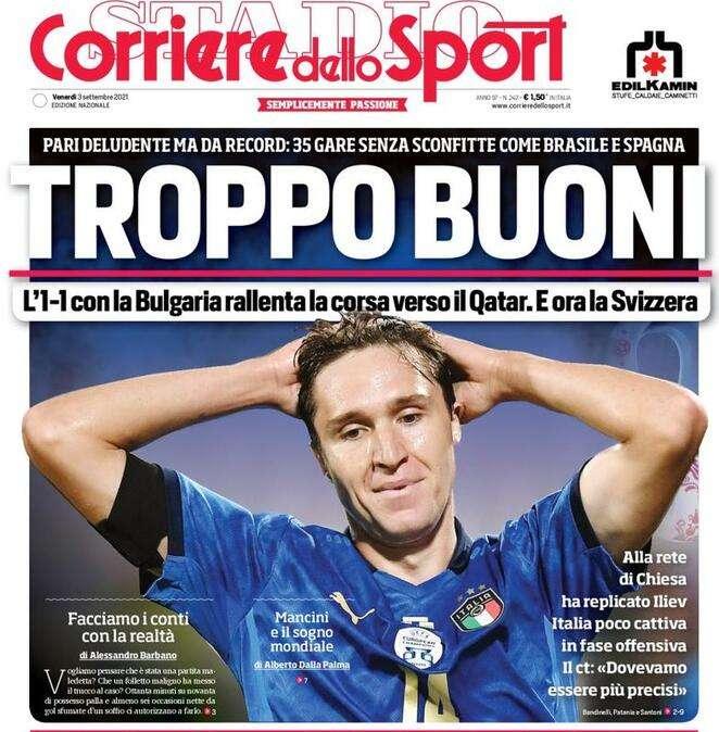 Il Corriere dello Sport in prima pagina: "Troppo buoni. Rallenta la corsa dell'Italia verso il Qatar"