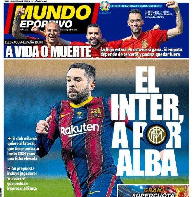 L'apertura del Mundo Deportivo: "L'Inter vuole Jordi Alba"