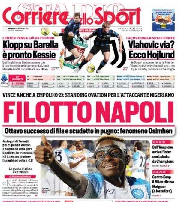 Il Corriere dello Sport titola in apertura: "Klopp su Barella, è pronto Kessie"