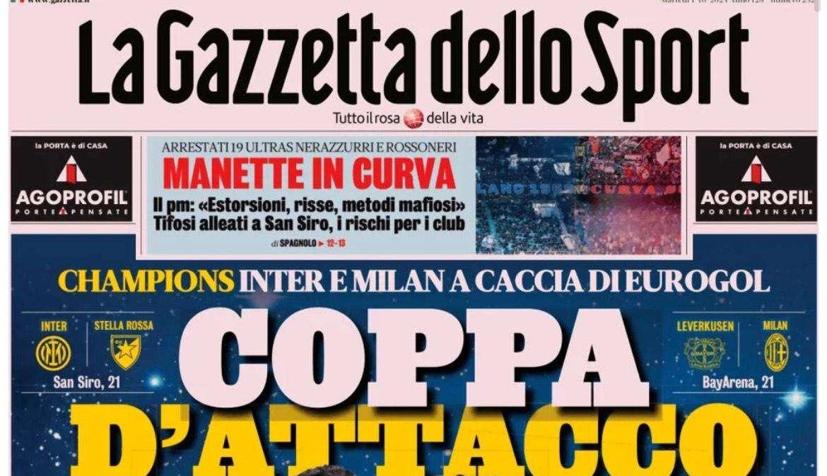 Inter e Milan, coppa d'attacco. Curve demolite: le prima pagina dell'1 ottobre