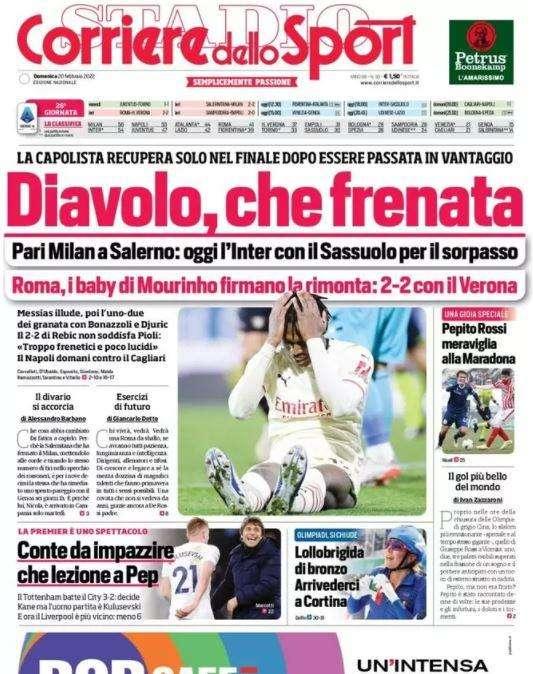 L'apertura del Corriere dello Sport : "Diavolo che frenata"