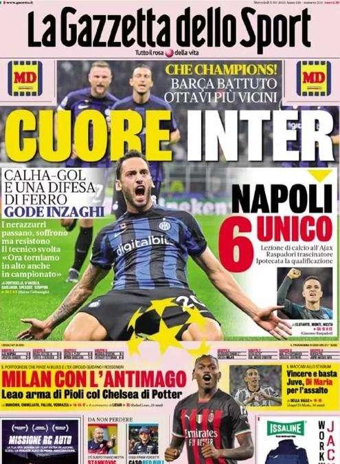 L'apertura della Gazzetta: "Cuore Inter". Barça battuto, ottavi più vicini