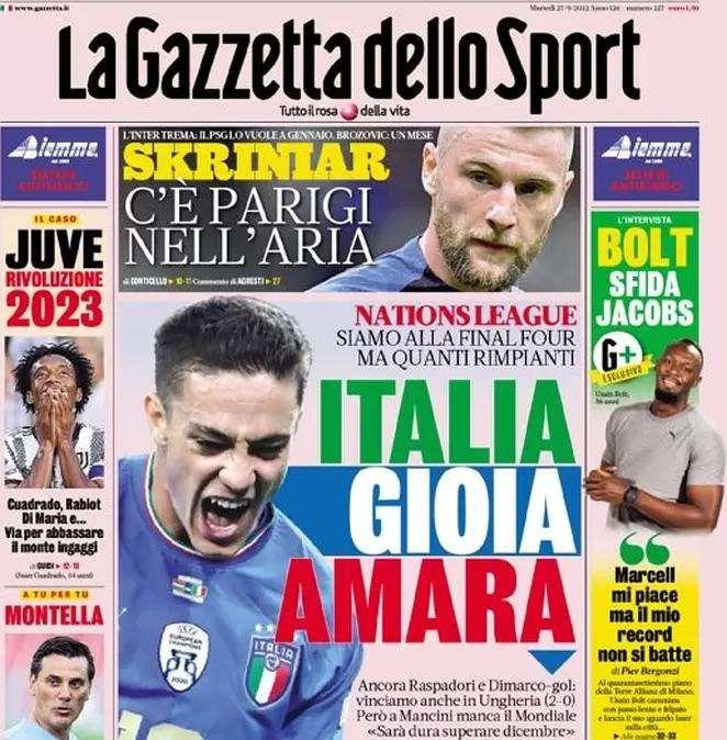 La prima pagina de La Gazzetta dello Sport: "Skriniar, c'è Parigi nell'aria" 