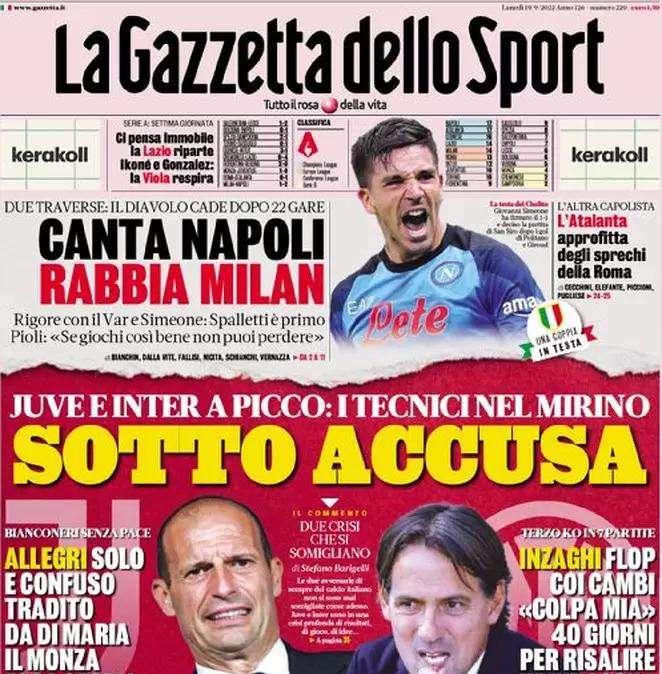 La prima pagina de La Gazzetta dello Sport: "Juve e Inter a picco, tecnici nel mirino"