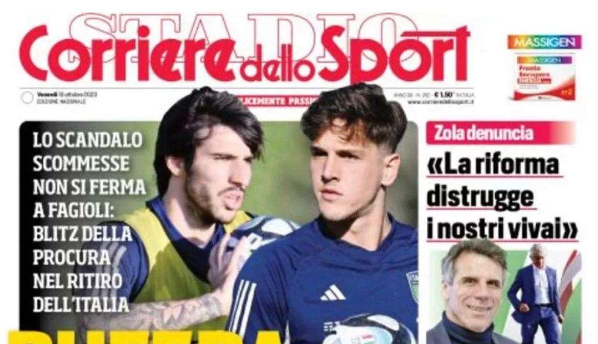 Caso scommesse, Il Corriere dello Sport intitola: "Tonali-Zaniolo sotto indagine e via dalla Nazionale"