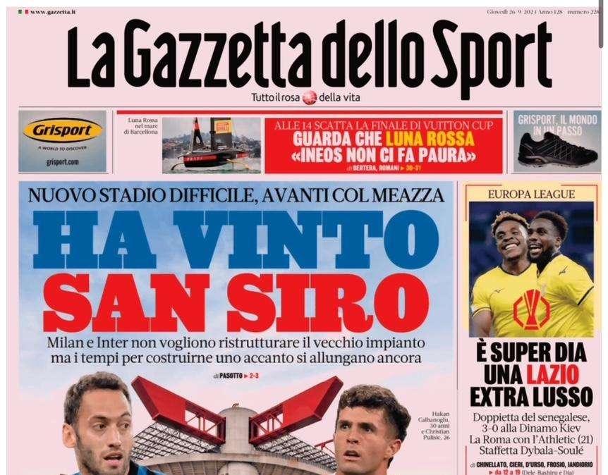La prima pagina de La Gazzetta dello Sport: "San Siro resta in piedi"