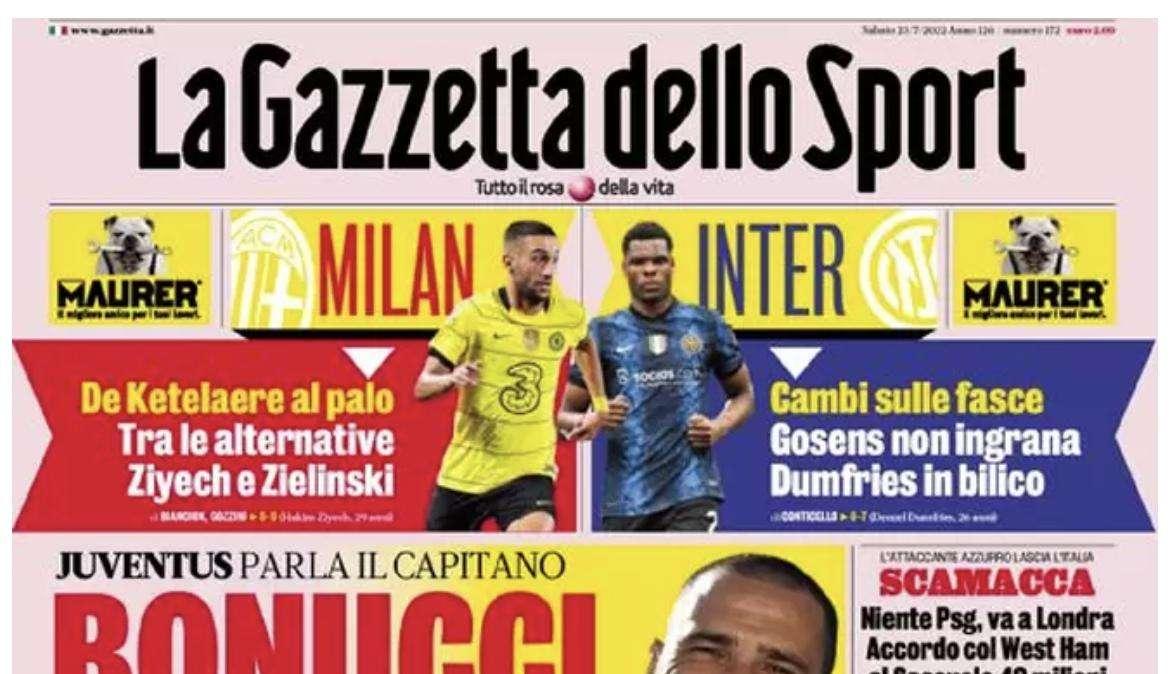 La Gazzetta in apertura: "Cambi sulle fasce: Gosens non ingrana, Dumfries in bilico"