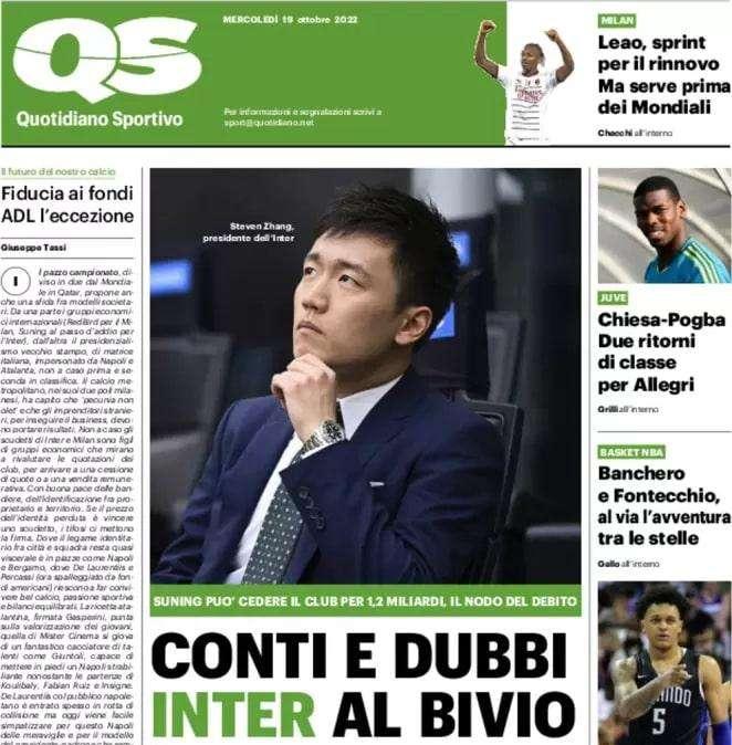 La prima pagina del QS: "Conti e dubbi, Inter al bivio"