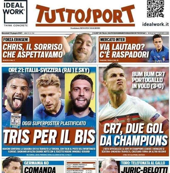 L'apertura di Tuttosport: "Chris, il sorriso che aspettavamo. Forza Eriksen"