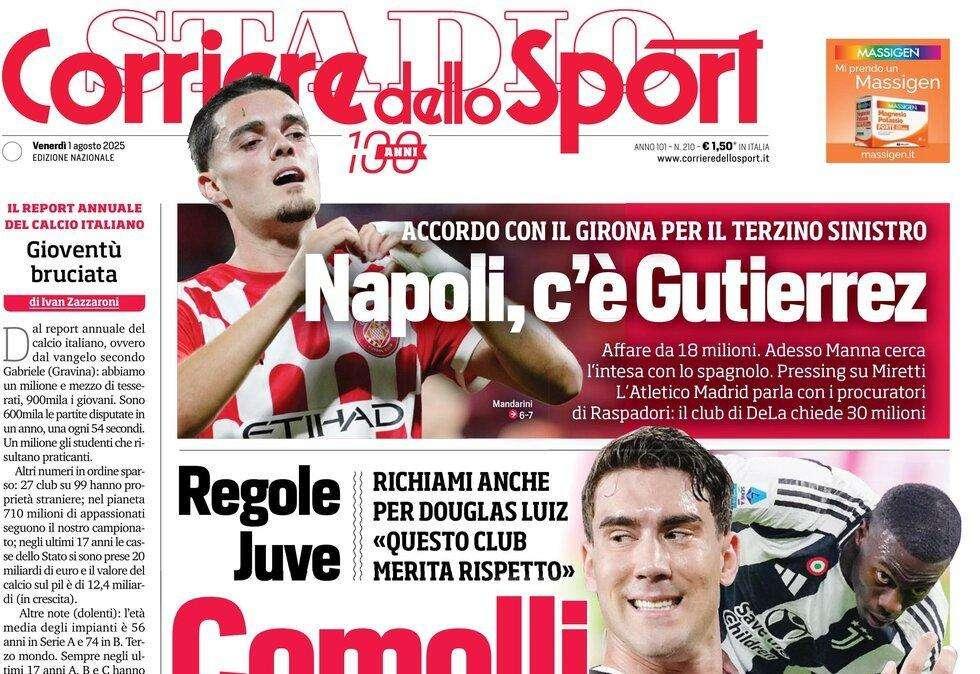 "Inter, oggi la risposta dell'Atalanta per Lookman": la prima pagina del Corriere dello Sport