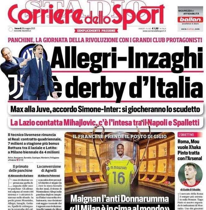 Il Corriere dello Sport in apertura: “Allegri-Inzaghi, è derby d’Italia”