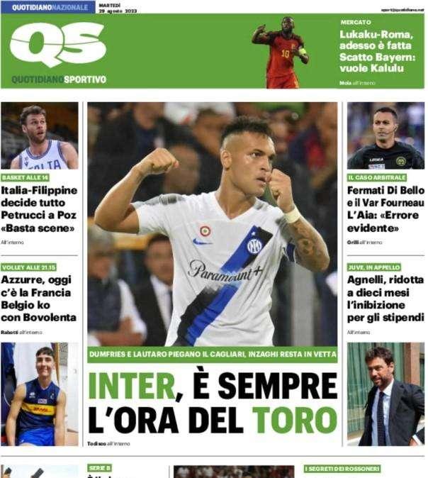 La prima pagina del QS - Quotidiano Sportivo: "Inter, è sempre l'ora del Toro"