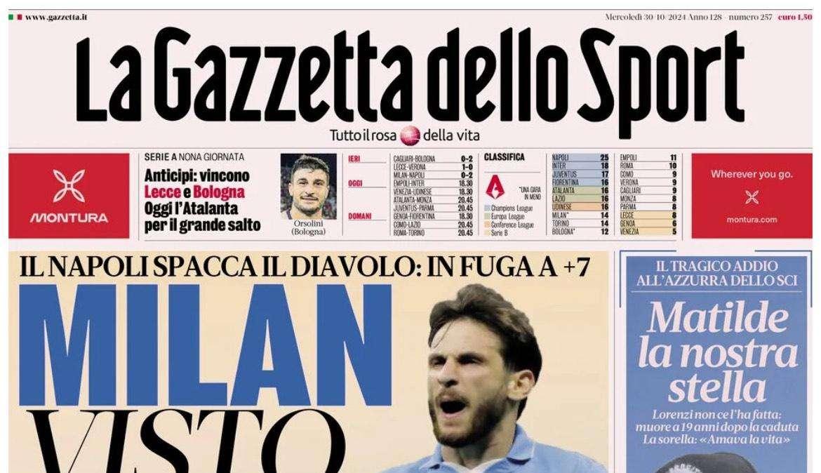 Conte fa il vuoto in classifica. Inzaghi scuote l'Inter, niente più errori: le prime pagine del 30 ottobre