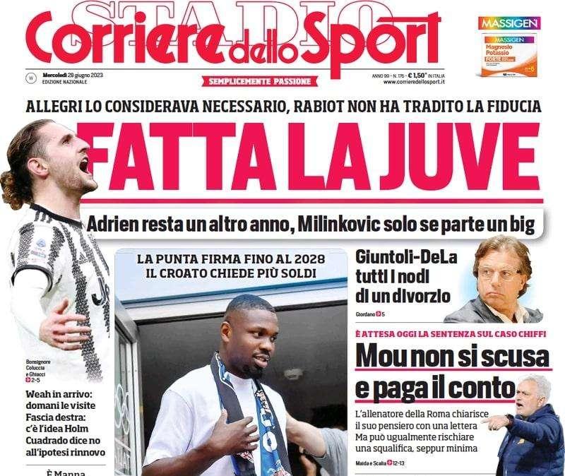 Il Corriere dello Sport in apertura: "Inter, arriva Thuram. Brozovic gela gli arabi"