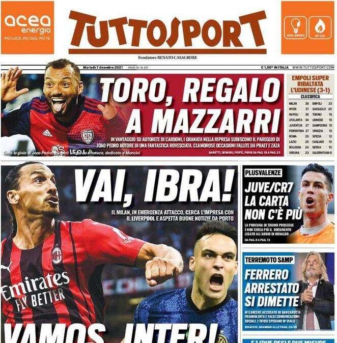 La doppia apertura di Tuttosport: "Vai, Ibra!" e "Vamos, Inter!"