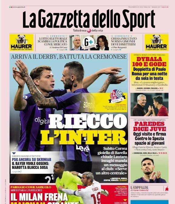 L'apertura de La Gazzetta dello Sport: "Riecco l'Inter". E Inzaghi manda un messaggio al club