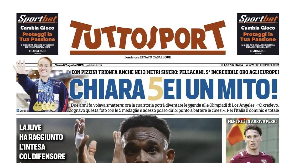 "Juventus, raggiunta l'intesa con Lucumi! Tutti pazzi per Mastantuono", la prima pagina di Tuttosport