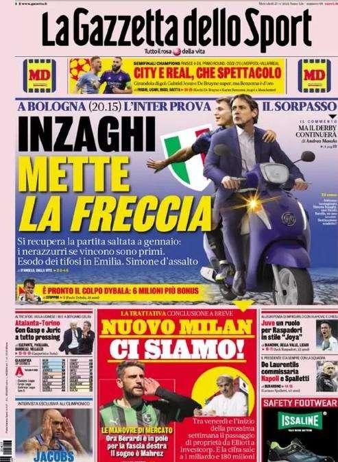 La prima pagina de La Gazzetta dello Sport: "Inzaghi mette la freccia"