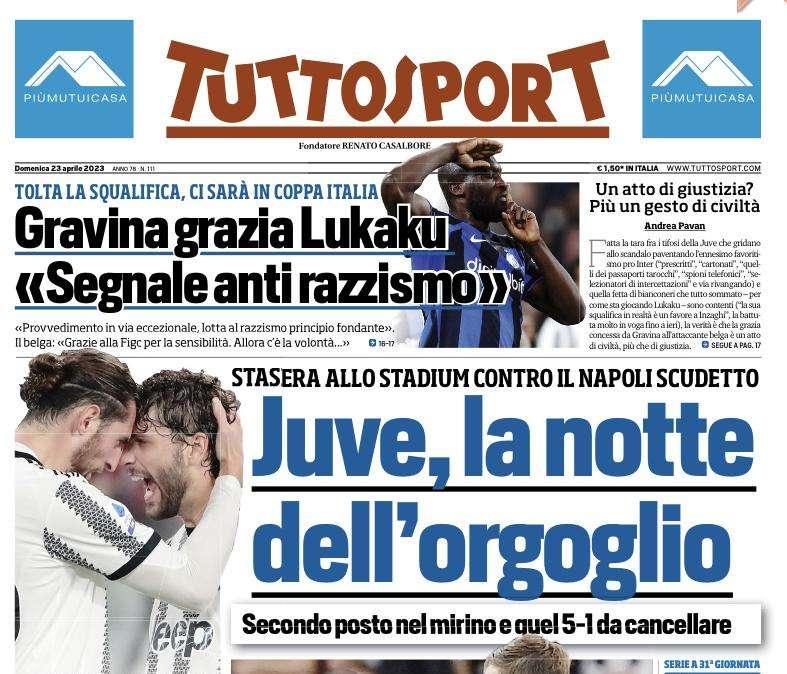 Tuttosport in prima pagina: "Gravina grazia Lukaku, segnale anti razzismo"