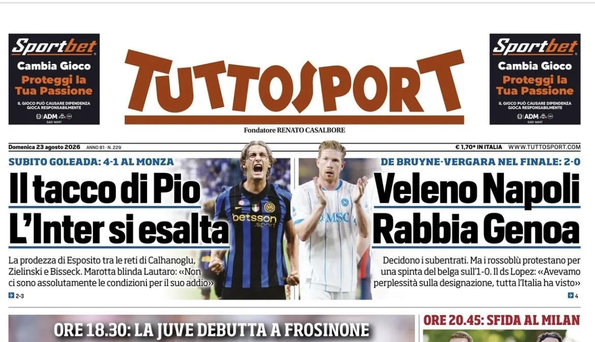 "L'Inter si diverte, esordio perfetto! Napoli sbanca Marassi...", la prima pagina del Corriere dello Sport