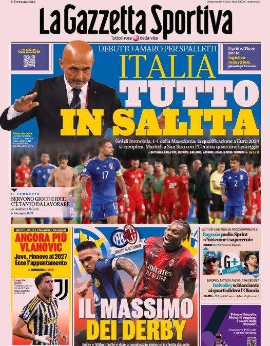 La Gazzetta dello Sport apre: "Il massimo dei derby". Testa a testa epico tra Inter e Milan 