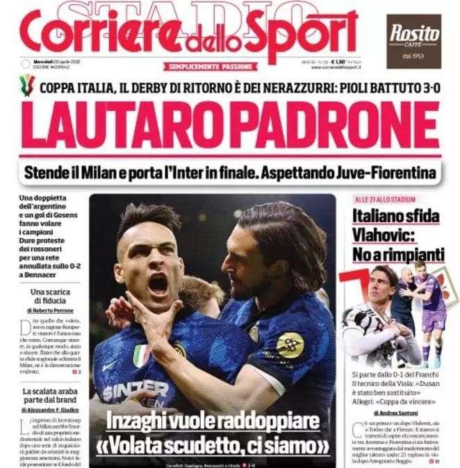 L'Inter vince il derby e vola in finale di Coppa. L'apertura del CorSport: "Lautaro padrone"
