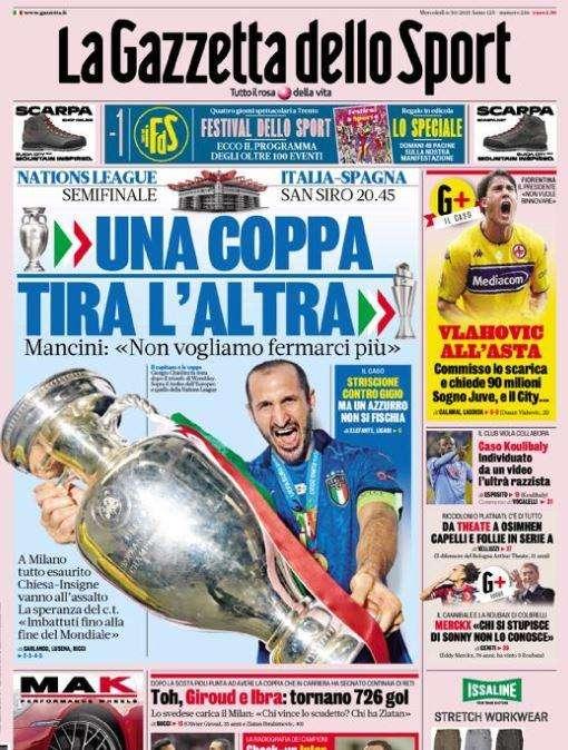 L'apertura de La Gazzetta dello Sport: "Una coppa tira l'altra"