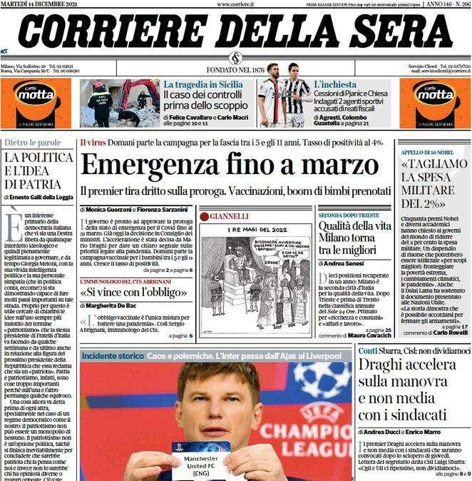 Il CorSera: "Caos e polemiche: l'Inter passa dall'Ajax al Liverpool"