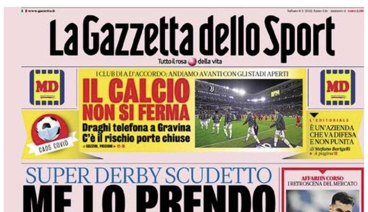 La prima pagina de La Gazzetta dello Sport: "Super derby scudetto"