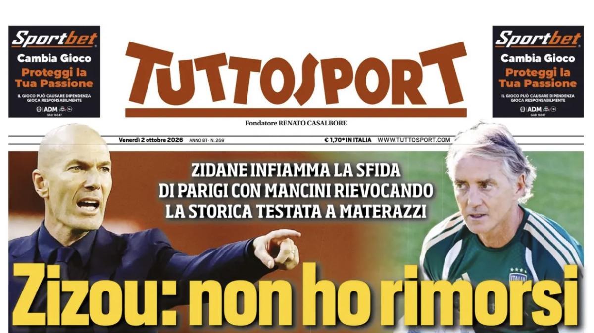 "Zizou non ha rimorsi! Infiamma la sfida rievocando la testata a Materazzi", la prima pagina di Tuttosport