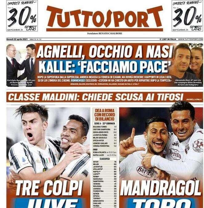 L'apertura di Tuttosport: "Tonfo Milan, Inter a -9 dallo scudetto"