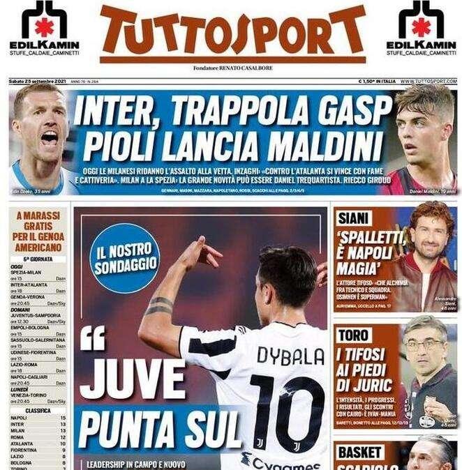 Tuttosport in prima pagina: "Inter, trappola Gasp. Pioli lancia Maldini"