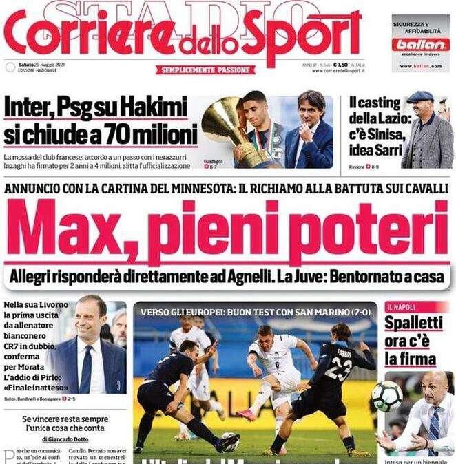 Il Corriere dello Sport in apertura: "Inter, PSG su Hakimi: si chiude a 70 milioni"