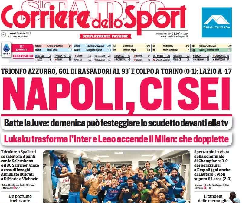 L'apertura del Corriere dello Sport: "Napoli, ci sei". Lukaku trasforma l'Inter