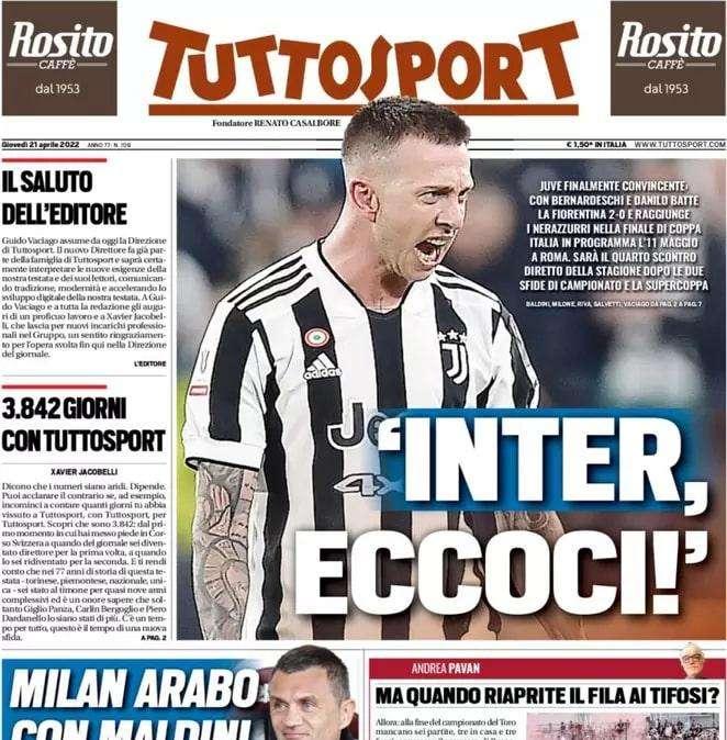 La prima pagina di Tuttosport: "Inter, eccoci! Quarto scontro diretto"