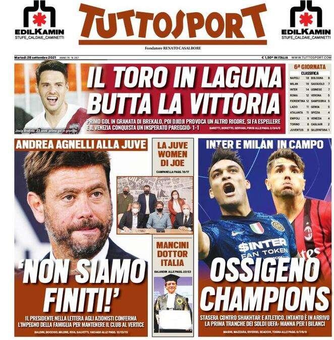 Tuttosport in prima pagina sull'Inter: "Ossigeno Champions"