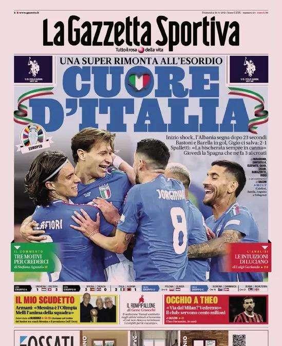 Cuore d'Italia, Bastoni e Barella in gol: la prima pagina della Gazzetta dello Sport