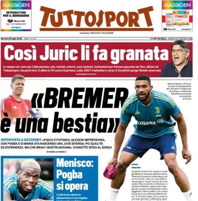 Tuttosport in prima pagina: "Parla Szczęsny: Bremer è una bestia"