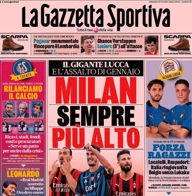 La prima pagina de La Gazzetta dello Sport: "Milan sempre più in alto"